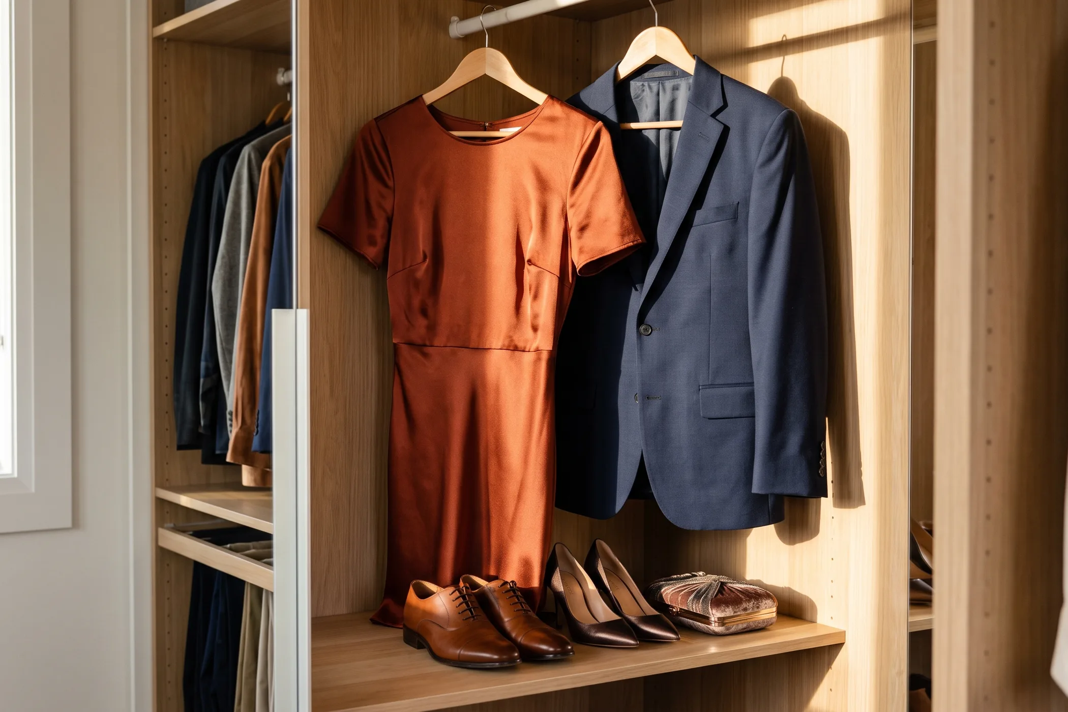 A satin dress and navy suit jacket hanging in a closet with formal shoes below