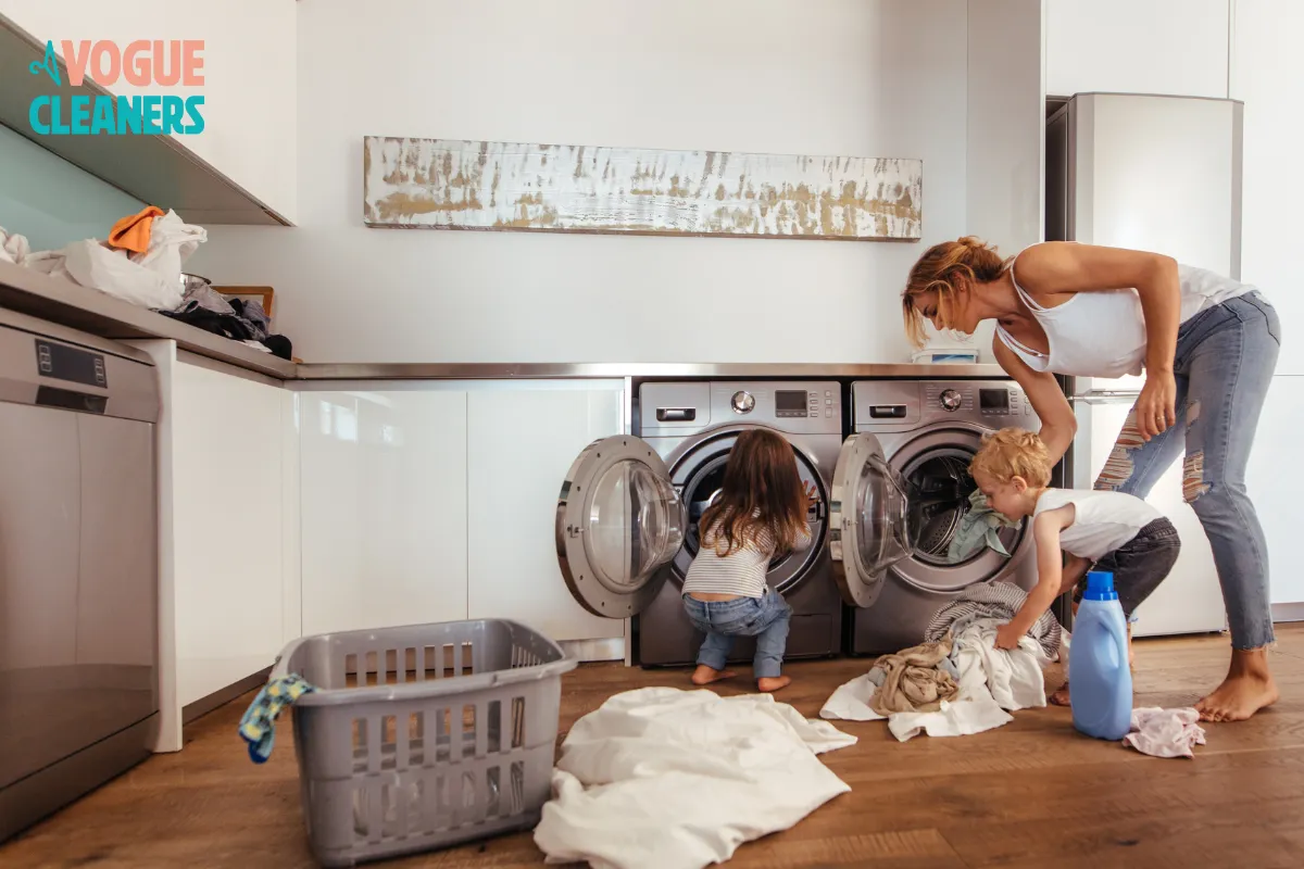A family doing laundry, busy parent with kids